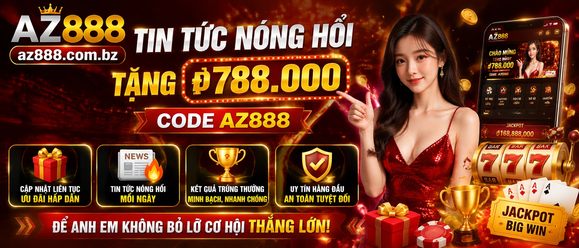 Banner khuyến mãi lễ hội AZ888 với tông xanh và điểm nhấn quà tặng thành viên