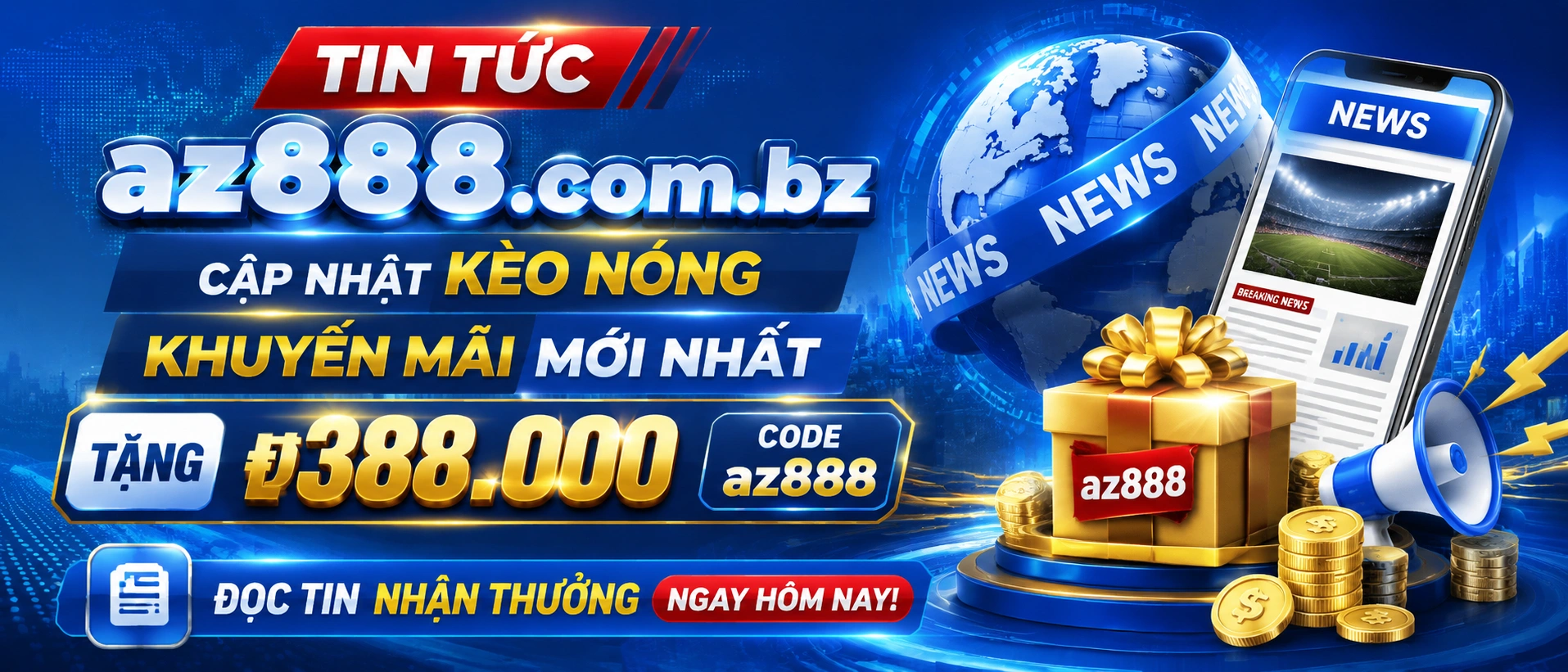 Màn hình cập nhật tin tức AZ888 với bố cục đọc nhanh và các thẻ nội dung nổi bật